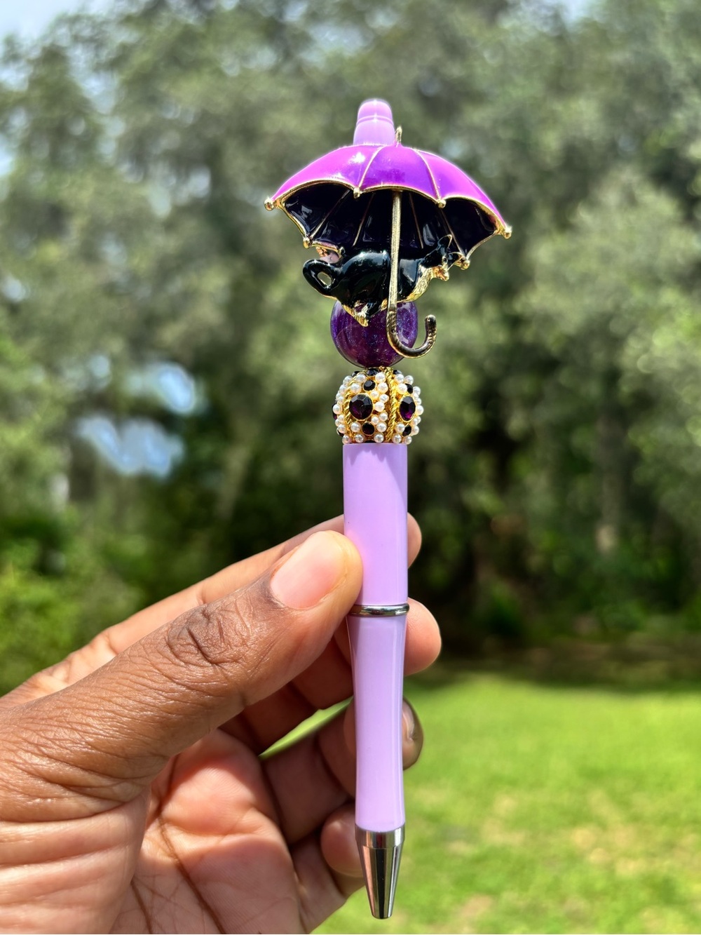 Handcrafted Purple Umbrella Cat Pen with Jeweled Accent